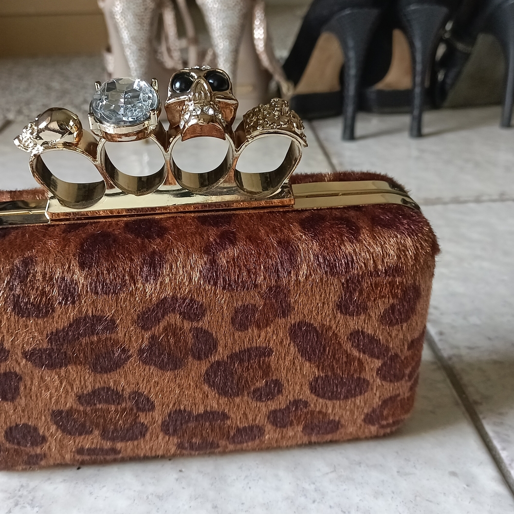 Brown and Gold Leopard Print Clutch with Crystal Knuckle Handle